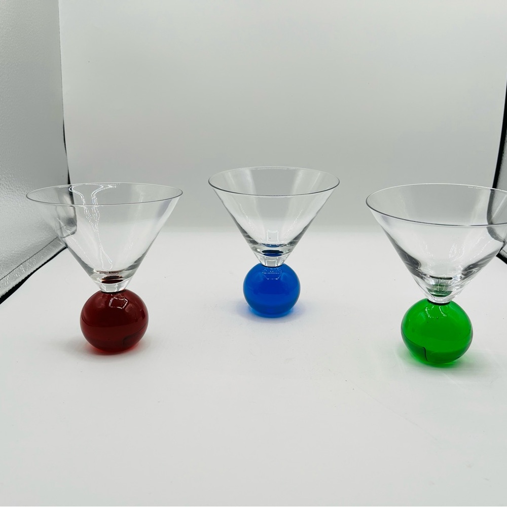 Set of 3 Cocktail Glasses with Red, Blue, and Green Ball Bases